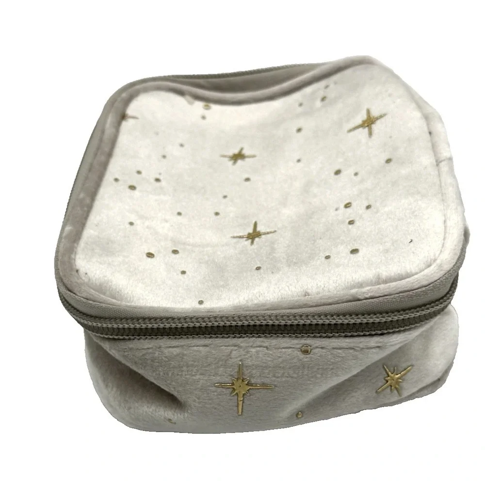 Celestial Stars Silver Velour Gold Embroidered Zip Travel Bag Small Portable NEW